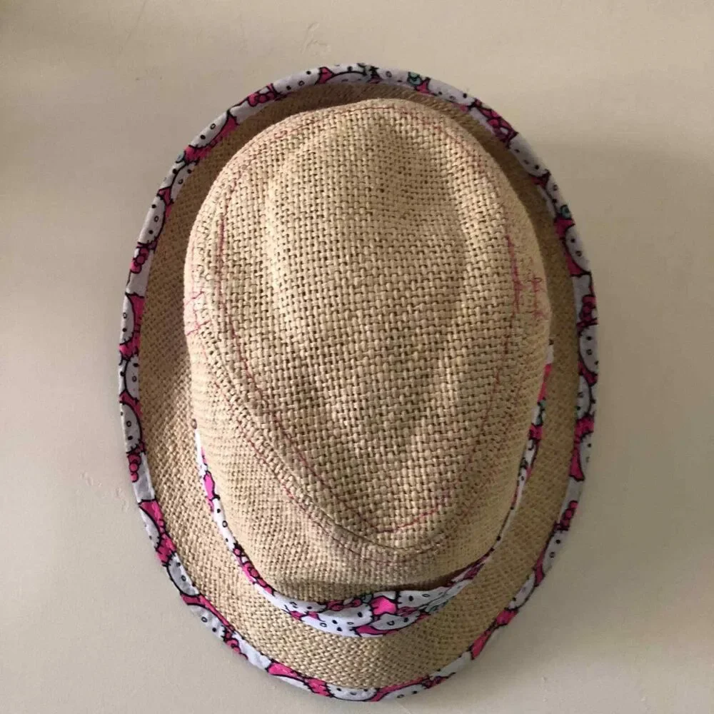Hello Kitty Straw Hat Fedora Hat Pink Trim Size Medium / Large